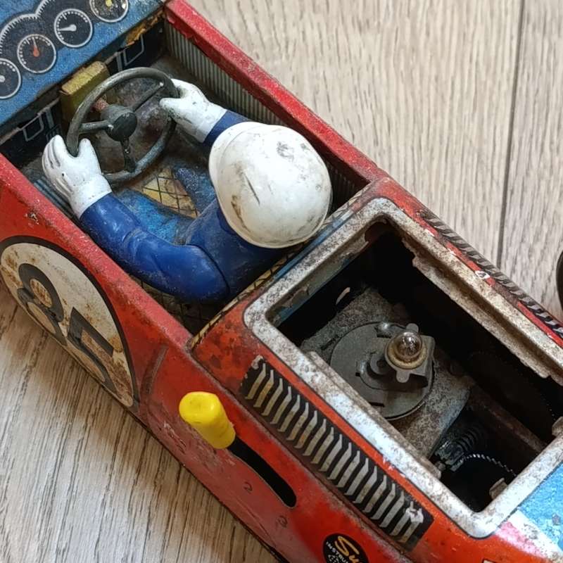 Vintage Tin Alate Lotus Ford battery operated racing car - 1 wheel missing - working