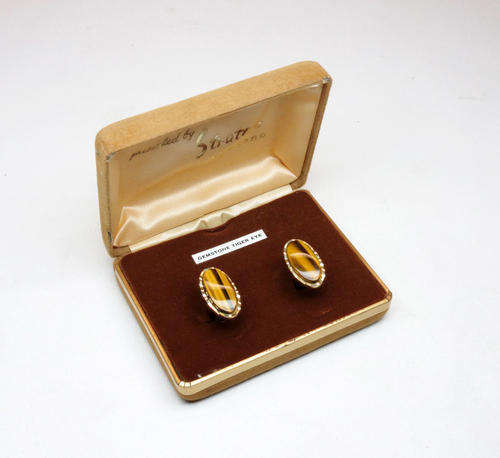 Pair of Stratton vintage tiger eye stone cufflinks in original box