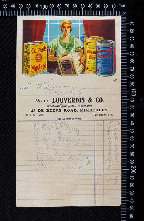 Colorful Antique invoice DR. to Louverdis and Co - Kimberley 1930's