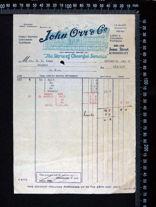 1936 Statement for John  Orr and Co - Kimberley