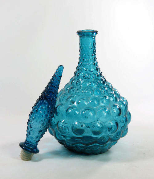 Vintage blue glass decanter with lid