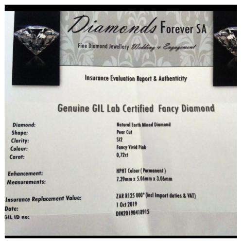 Natural earth mined Diamond pear cut fancy vivid pink 0.72ct (Enhanced)