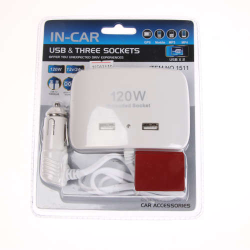 Extended Three Socket&USB Car Charger High-power 120W