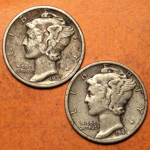 United States: 1939-D & 1941-D Silver Mercury Dime (10 Cents)