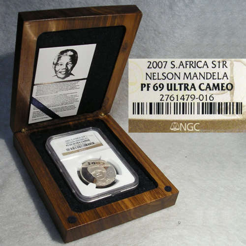2007 Nelsen Mandela, 1993 Nobel Laureate, Proof Sliver Rand in Hardwood Case * NGC PF69 UC *
