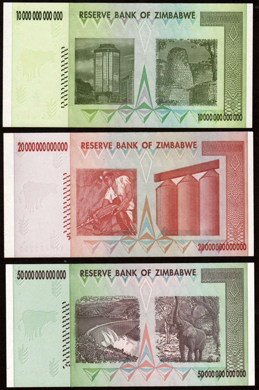Zimbabwe: $10, $20, $50 Trillion Dollar Banknotes * UNC *
