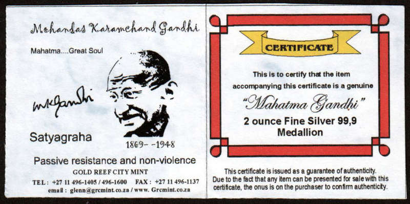 A 2008 Medal to Commemorate the Life of Mahatma Gandhi 1869-1948  * 2 oz FINE SILVER *
