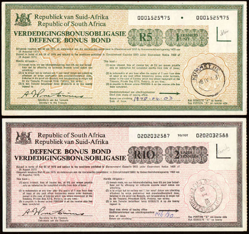 South Africa Defence Bonus Bonds 5 x R5 + 3 x R10 Protected in Red Holder