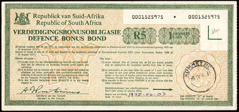 South Africa Defence Bonus Bonds 5 x R5 + 3 x R10 Protected in Red Holder