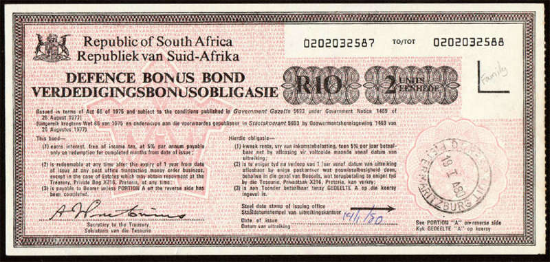South Africa Defence Bonus Bonds 5 x R5 + 3 x R10 Protected in Red Holder