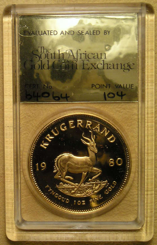 1980 Proof 1oz Gold Krugerrand Graded by The South African Gold Coin Exchange with Point Value 104