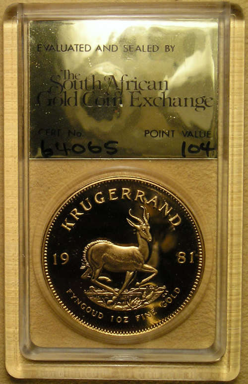 1981 Proof 1oz Gold Krugerrand Graded by The South African Gold Coin Exchange with Point Value 104