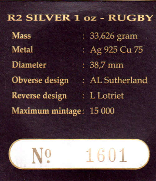 1995 Proof Silver 2 Rand - RUGBY. In Case with Certificate