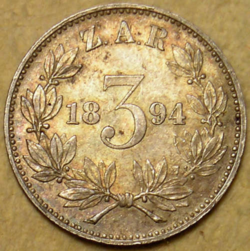 ZAR: 1894 Paul Kruger 3 Pence / Tickey
