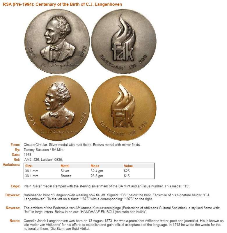 South Africa: 1973 FAK Silver Commemorative Medal  for the Birth Centenary of C.J. Langenhoven