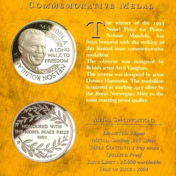 Nelson Mandela 1993 Nobel Peace Prize Commemorative Medal - Original from Norway Mint