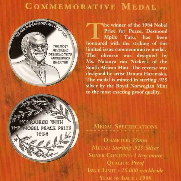 Desmond Tutu 1984 Nobel Peace Prize Commemorative Medal - Original from Norway Mint