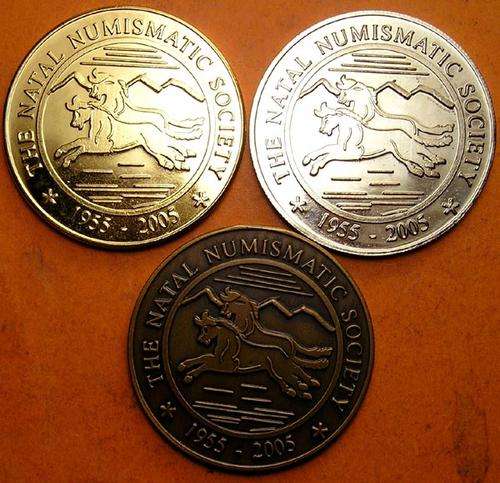 Natal Numismatic Society 50th Anniversary 3 Medallions Gilt, Nickel & Bronze in Original Boxes
