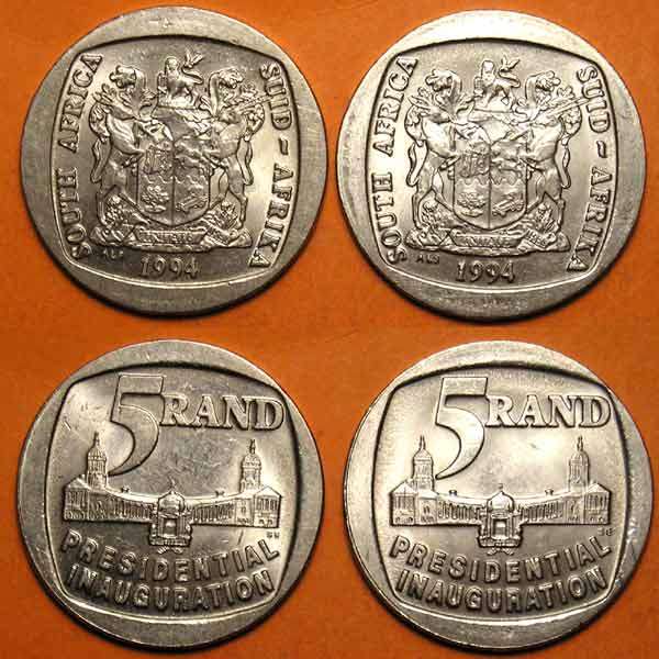 Two (x2) Nelson Mandela Inauguration 5 Rand Coins * HIGH GRADE *