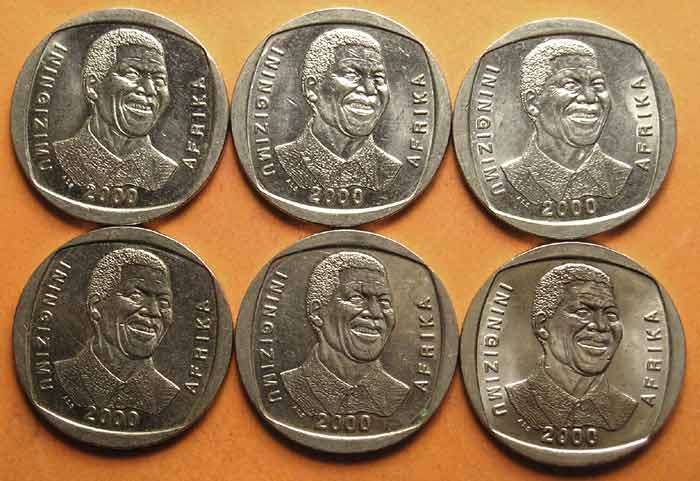 Six (x6) Nelson Mandela 2000 5 Rand Coins * HIGH GRADE *