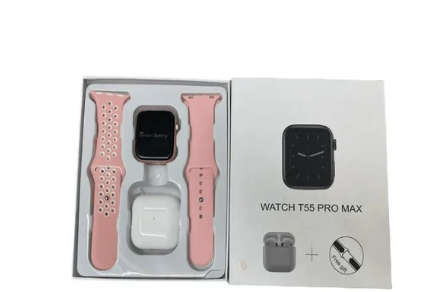 T55 Pro Max Smart Watch with Earbuds & Double Strap- PINK