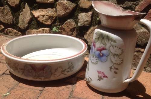 Vintage enamel water jug and basin