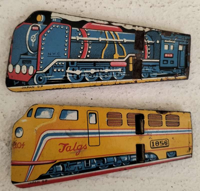 Vintage tin toy train whistles (x2)