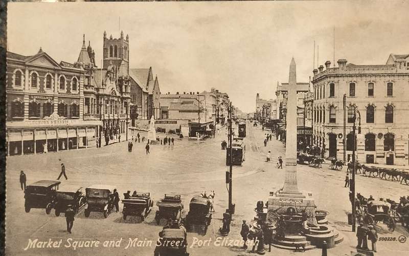 Vintage South African post card - Port Elizabeth - Market Square and main street