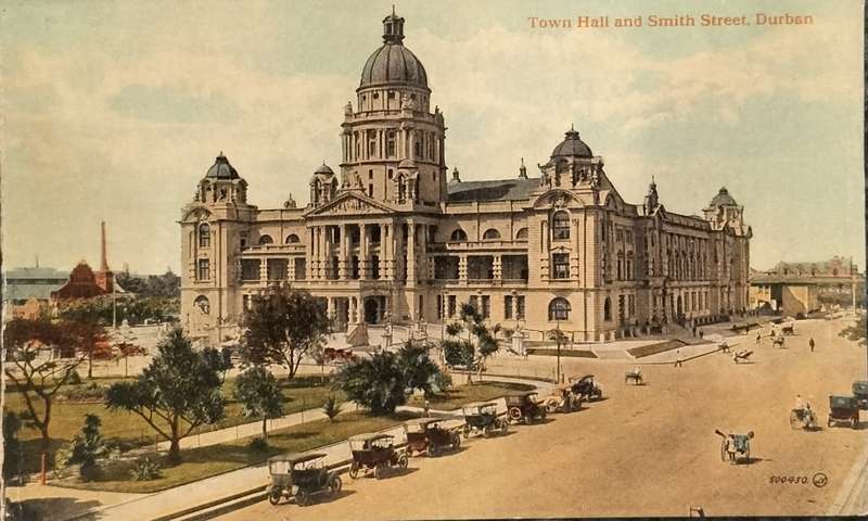 Vintage South African post card - Durban - Town Hall and Smith street