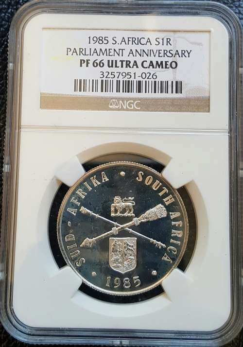 ***CRAZY R1 AUCTION START****  1985 South African Silver R1 (PF66) Parliament Anniversary