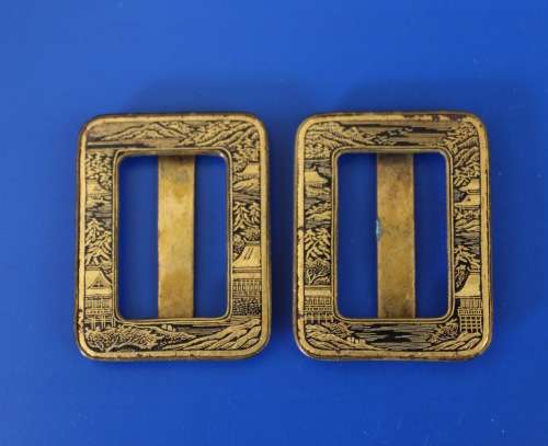 Antique Brass Shoe Buckles with Chinese Detail