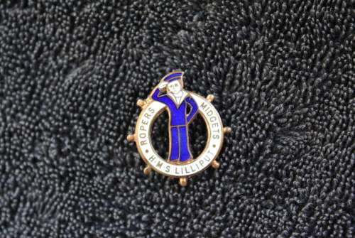 H.M.S. Lilliput Ropers Midgets Hallmarked Blue and White Pinback Enamel Company badge