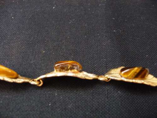 Vintage God Toned Leaf Bracelet decorated with Tiger Eye Stone