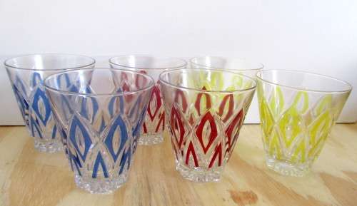 Vintage Retro French Reims Harlequin Juice Glasses - Set of Six - Made in France