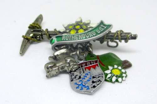Vintage German hat pin Rothenburg, Edelweiss, Hanging from Ice Pick, the Bayern Shield, Hat, Boot.