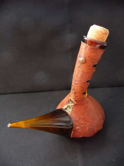 Vintage Decanter, Embossed Leather Wine Vessel, Don Quixote Decor, Made In Spain. 240mm high.