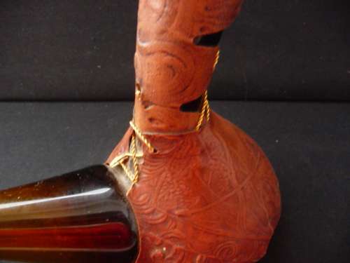 Vintage Decanter, Embossed Leather Wine Vessel, Don Quixote Decor, Made In Spain. 240mm high.