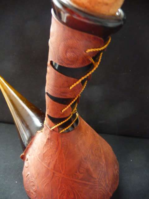 Vintage Decanter, Embossed Leather Wine Vessel, Don Quixote Decor, Made In Spain. 240mm high.