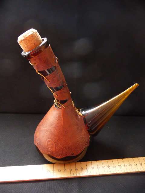 Vintage Decanter, Embossed Leather Wine Vessel, Don Quixote Decor, Made In Spain. 240mm high.