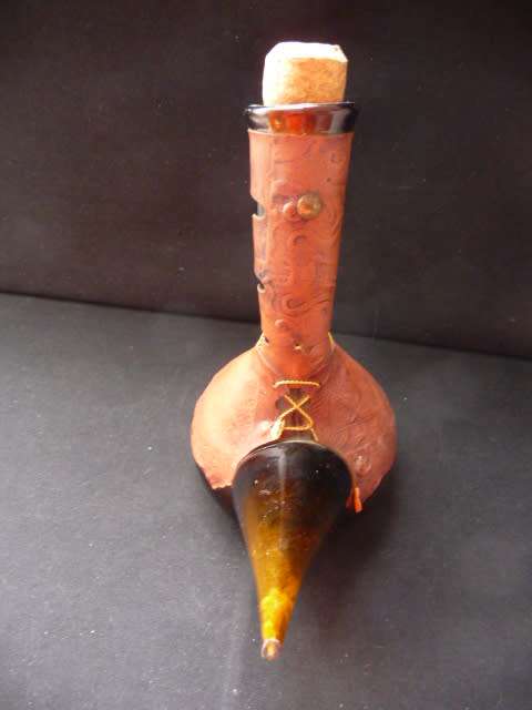 Vintage Decanter, Embossed Leather Wine Vessel, Don Quixote Decor, Made In Spain. 240mm high.