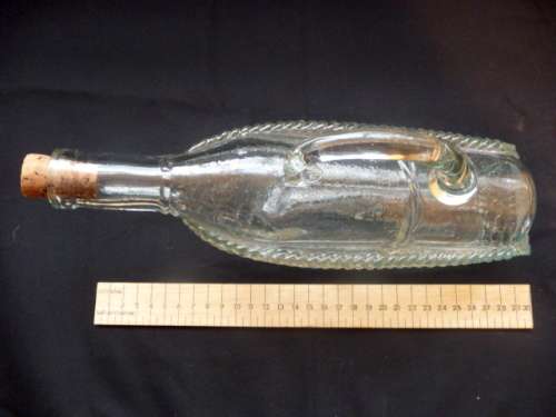Mid Century Novelty Pressed Glass Wine Decanter Bottle in Basket with cork