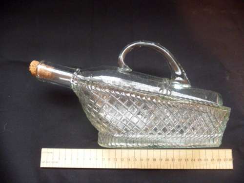 Mid Century Novelty Pressed Glass Wine Decanter Bottle in Basket with cork
