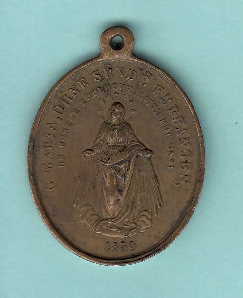 Antique Religious Bronze medal Pendant. Mary conceived without sin, opposite Si Francis from Assisi