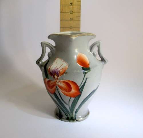 Antique Royal Nishiki Nippon Vase. Porcelain Hand Painted with Orchirds. c1906. 110mm high.