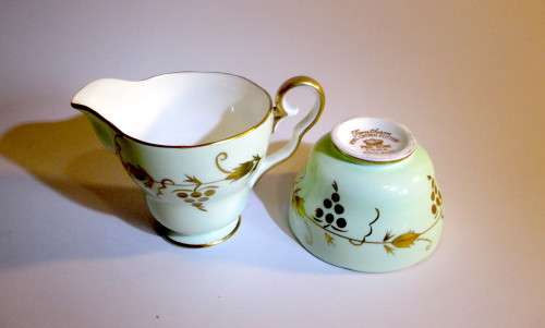 Vintage Trentham Royal Crown Milk Jug and Sugar Bowl. Soft Mint Green with Golden Grape Pattern.