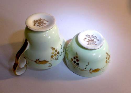 Vintage Trentham Royal Crown Milk Jug and Sugar Bowl. Soft Mint Green with Golden Grape Pattern.