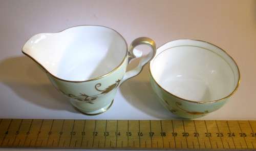 Vintage Trentham Royal Crown Milk Jug and Sugar Bowl. Soft Mint Green with Golden Grape Pattern.