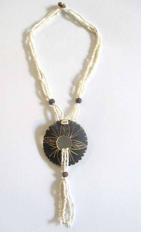 Vintage Ethnic Handmade bead Necklace with wooden handcarved pendant. 42cm without pendant.