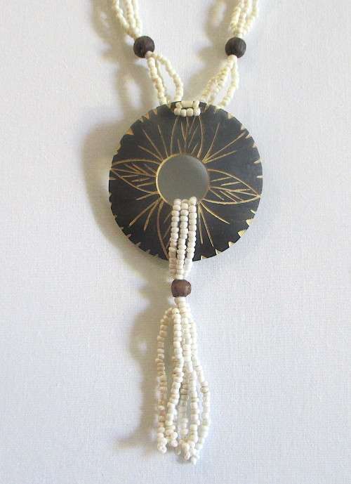 Vintage Ethnic Handmade bead Necklace with wooden handcarved pendant. 42cm without pendant.