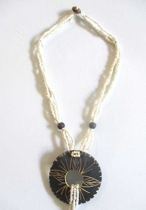 Vintage Ethnic Handmade bead Necklace with wooden handcarved pendant. 42cm without pendant.